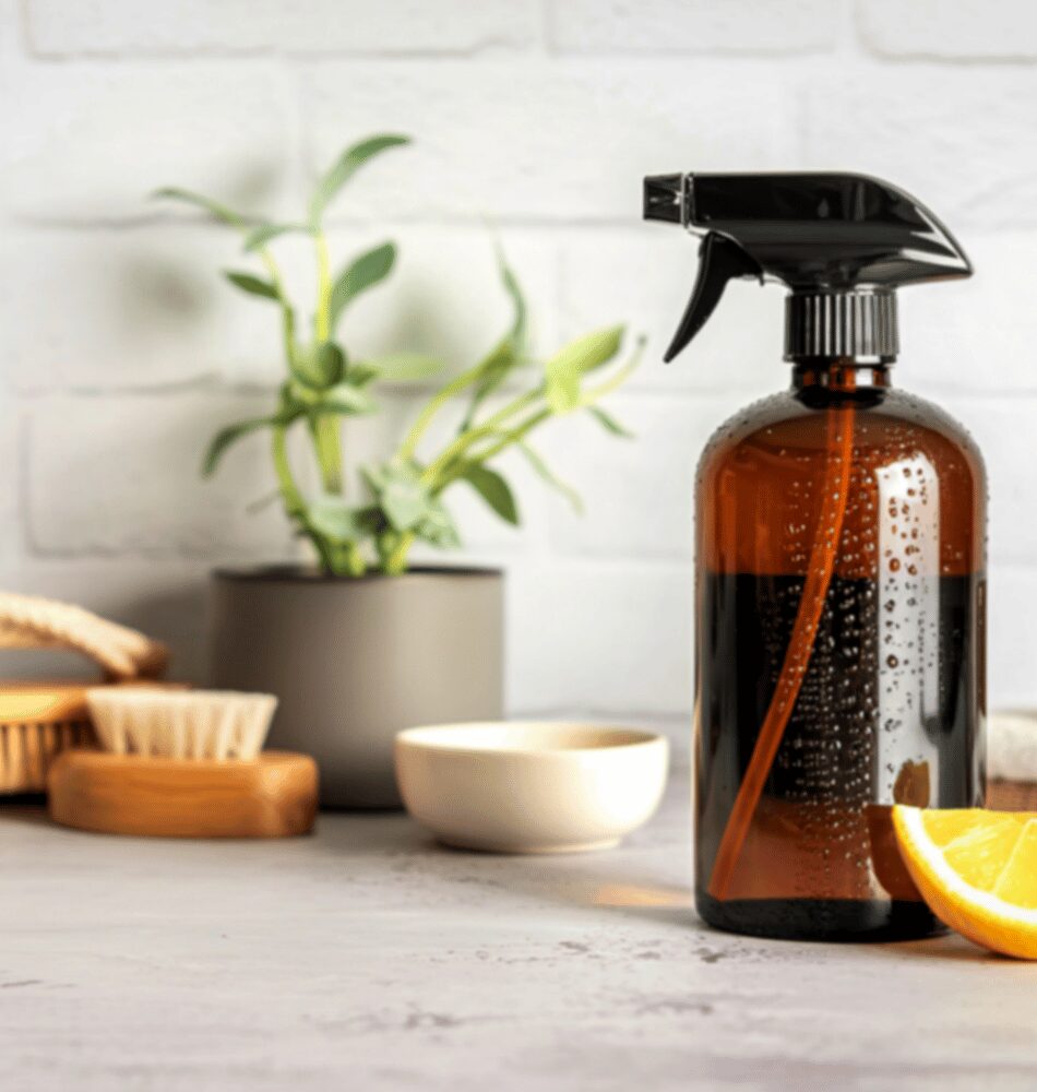 a spray bottle of natural cleaning products on a counter with other natural cleaning tools